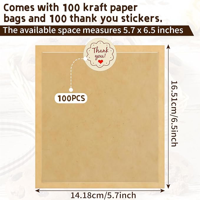 Cookie Packaging Bags with Seal- 100PCS 5.7x6.5 Inch Paper Bakery Bags with Window,Heat Sealable&Grease Resistant To Go Bake Sale Sleeves for Snack,Brownie,Treat, Donut,Cake Slice, Scone