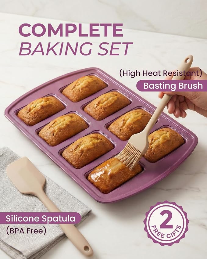 CARTMAN 2-Pack 8-Cavity Mini Loaf Pans Set with Spatula & Brush – 15.5” x 10” Nonstick Carbon Steel Small Bread Pan for Banana Bread, Meatloaf & Keto Snacks Plum Purple