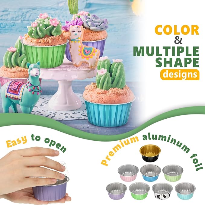 Eaasty 120 Pcs Aluminum Foil Baking Cups Mini Cake Pans with Lids 5 oz Cupcake Liners Disposable Muffin Tins Wrappers Baking Foil Ramekins Pans Aluminum Cupcake Cups for Birthday Party (Bright Color)