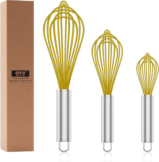 OYV Yellow Silicone Whisk, Professional Whisks For Cooking Non-Scratch, Stainless Steel & Silicone Wisk, Plastic Rubber Whisk Tool For Nonstick Cookware Pans, Silicon Wisks Set of 3.