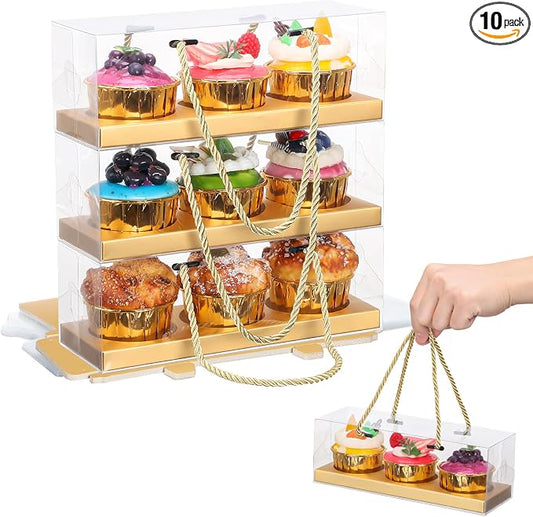 EUSOAR Gold Cupcake Boxes, 10 Pcs 9"x3"x3" Clear Muffins Cupcake Containers 3 Compartments with Gift Rope Handles, Portable Dessert Pastry Holder Cookies Wrappers for Birthday Wedding Party Bakery