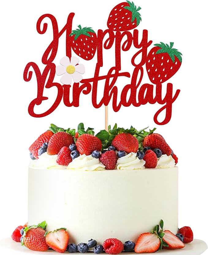 1 Pack Happy Birthday Cake Topper Glitter Strawberry Cake Pick for Fruit Theme Baby Shower Kids Birthday Party Strawberry Fruit Party Cake Decorations Supplies