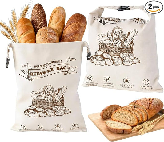 Beeswax Bread Bags for Homemade Bread, 2 Packs XL Reusable Cotton Linen Sourdough Bread Bags to Keep Bread Fresh, Airtight Drawstring Seal Reusable Food Storage Bags for Homesteading & Baking