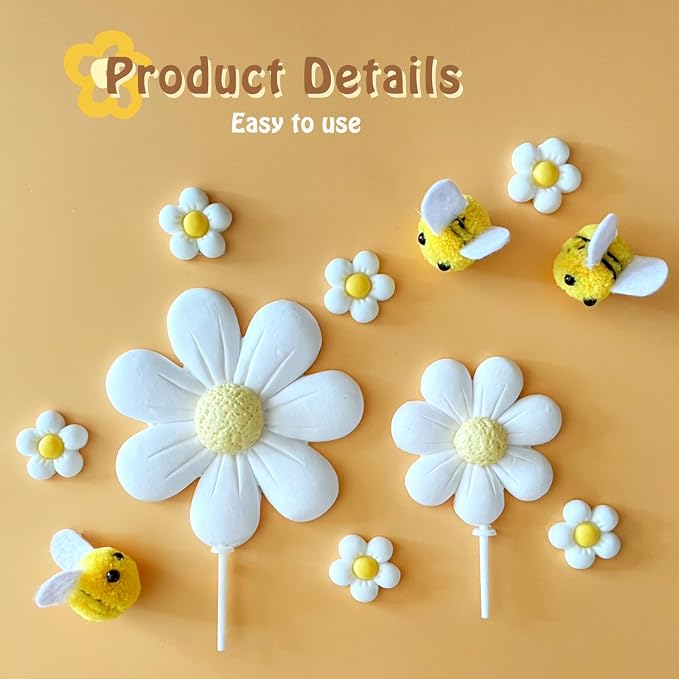 43Pcs Daisy Flower Boho Groovy Cake Topper Mini Balls Cake Decorations Bee Cake Toppers for Women Girls Kids Birthday Baby Shower Wedding Daisy Flower Bee Hippie Themed Party Supplies