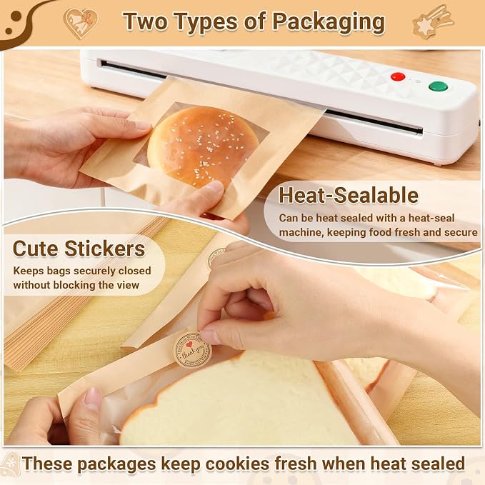 Subalga 200 Pack Cookie Paper Bags with Window 7.1x7.5 Donut Bags with 500 Pcs Thank You Stickers Heat Sealable Cookie Bags Grease Resistant Paper to Go Bake Sleeves for Gift Giving Donut Bread(Brown)