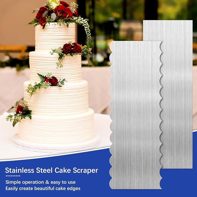 2 Pack Stainless Steel Cake Scraper, 8.6-inch Double Sided Patterned Edge Stripe Edge Smoother Scraper Cake Decorating Tools, Metal Cake Carving Smoothing Cream Pastry Baking