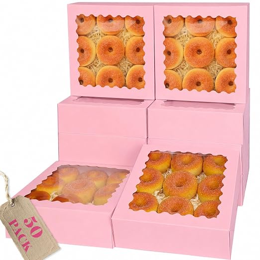 qiqee 10"x 10"x 2.5" Pink Pie Boxes with Window 50Packs Cookie Donut Bakery Box (Auto-pop Up)
