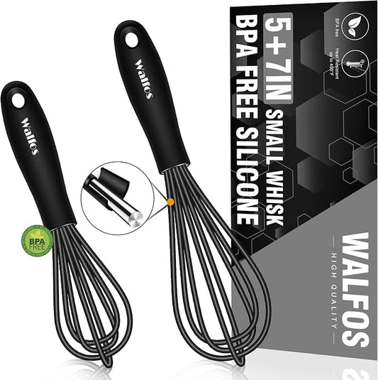 Walfos Whisk 5+7in Mini Whisk,Silicone Whisks Non Scratch Heat Resistant (480°F). Nice for stirring individual eggs and mixing small amounts of powder and sauce.Dishwasher Safe.Black