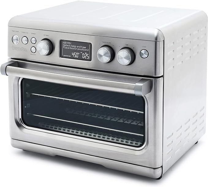 GreenPan 13-in-1 Elite Countertop Convection Oven and Air Fryer, PFOA and PFAS-Free Ceramic Tray and Pizza Pan, Adjustable Racks, Multifunction Presets, Toaster, Bake Broil Roast, Stainless Steel