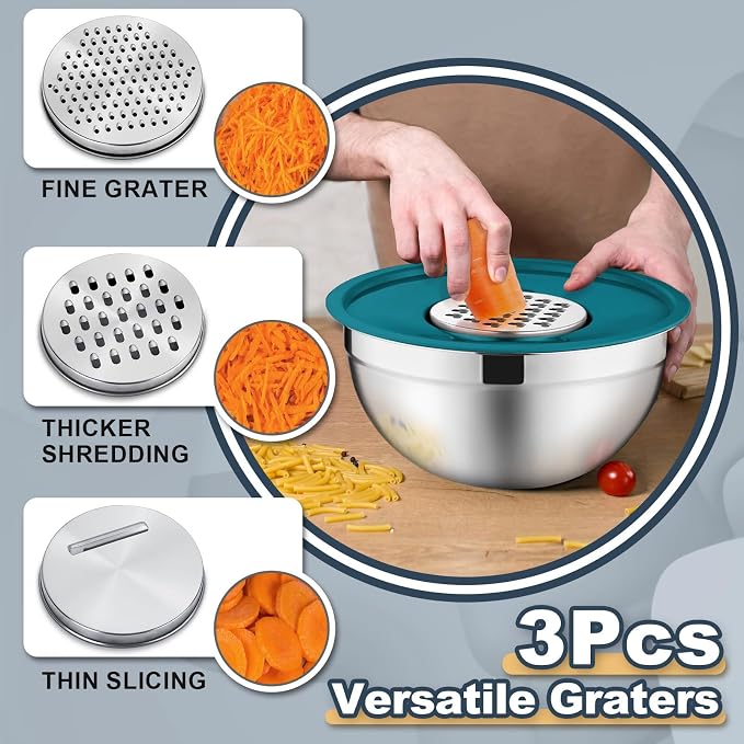 P&P CHEF Mixing Bowls with Lids Set of 6, Stainless Steel Nesting Salad Bowl & 3 Grater Attachments for Prepping Storing, 4.6/2.6/2/1.5/1/0.7 QT, Blue