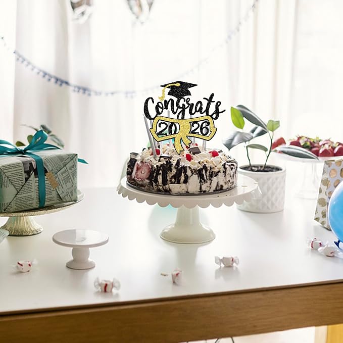 1 Pack Congrats Grad Cake Topper with Black Gold Glitter Diploma Graduation Cap Cake Pick Contrats Class of 2024 Cake Decorations for 2024 Graduation Theme High School Boys Girls Graduate Party