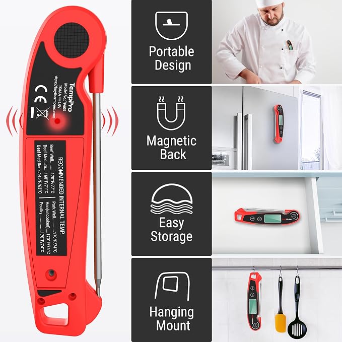 TempPro TP605 Instant Read Meat Thermometer for Cooking, Waterproof Digital Food Thermometer with Large Backlit LCD, Kitchen Thermometer for Grilling, Smoking & Candy Making (Previously ThermoPro)