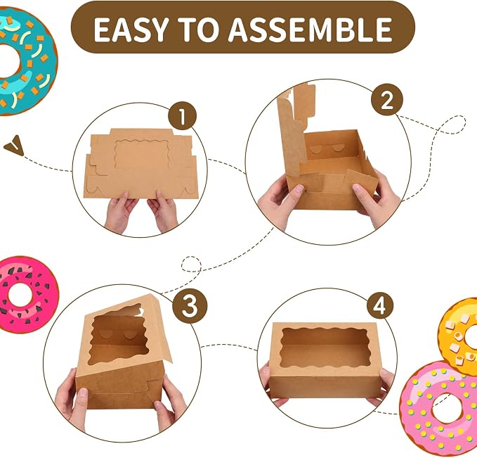 Moretoes 10pcs Bakery Boxes, 9x6x3 Inch Brown Cookie Boxes with Window,Pastry Containers for Chocolate Covered Strawberries, Candy, Muffins, Donuts