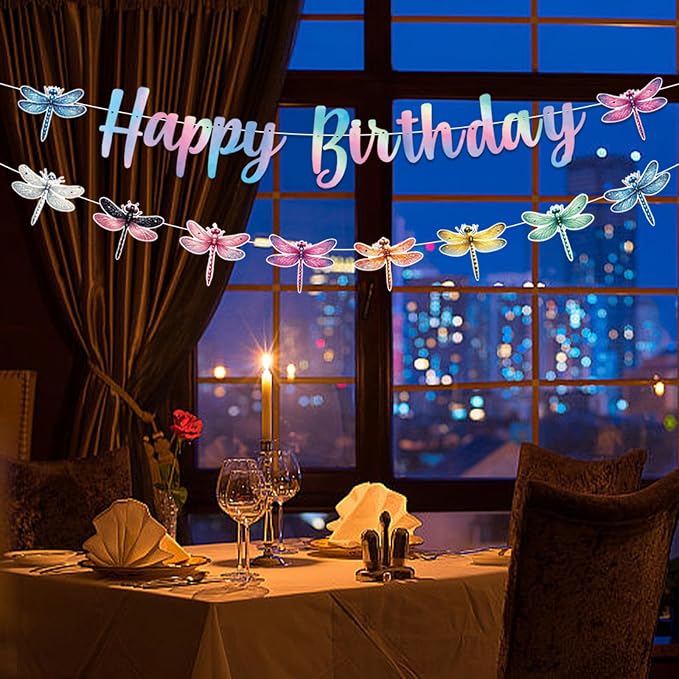 Zwiebeco Dragonfly Happy Birthday Banner Iridescent Insect Sign Hanging Paper Birthday Party Decorations for Girls Boys Kids Woodland Garden Accessories Party Supplies