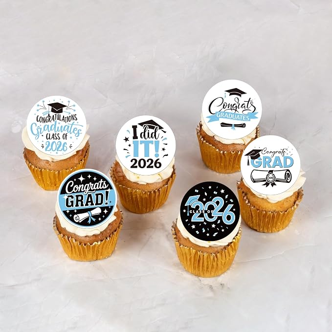 63 PCS Edible 2026 Graduation Cupcake Toppers Congrats Grad Class of 2026 Cake Decorations Edible Diploma 2026 Grad Cap Cupcake Picks for 2026 Graduation Party Cake Decorations Supplies Light Blue