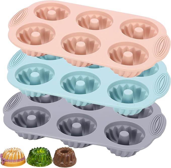 Jello Molds 3pcs Silicone Fluted Tube Cake Pans, 6 Cavity Heritage Silicone Mold for Baking Non Stick Fancy Molds (Pink+Blue+Gray, Fluted Tube)
