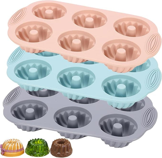 Jello Molds 3pcs Silicone Fluted Tube Cake Pans, 6 Cavity Heritage Silicone Mold for Baking Non Stick Fancy Molds (Pink+Blue+Gray, Fluted Tube)
