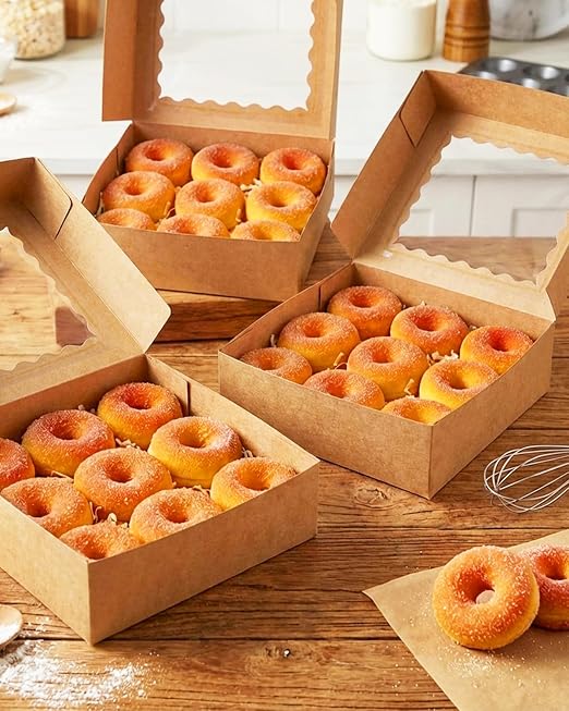 qiqee 10"x 10"x 2.5" Brown Pie Boxes with Window 50Packs Cookie Donut Bakery Box (Auto-pop Up)