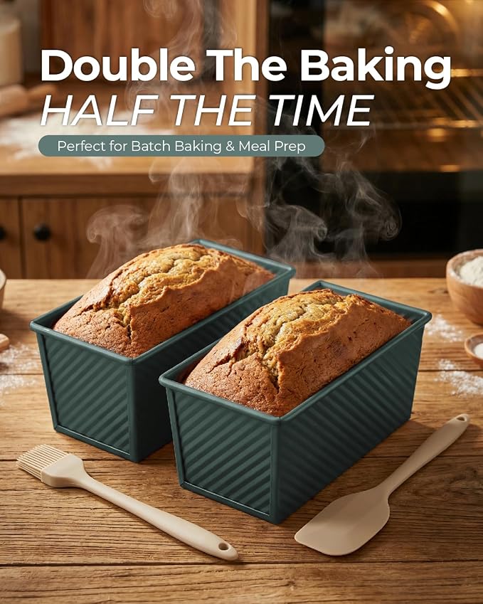 CARTMAN Bread Loaf Pan 2 Pack, 8x4 Pullman Loaf Pan with lid and a Silicone Spatula and Basting Pastry Brush, 1 lb Dough Capacity,Non-Stick Carbon Steel bread pans for homemade bread Sage Green