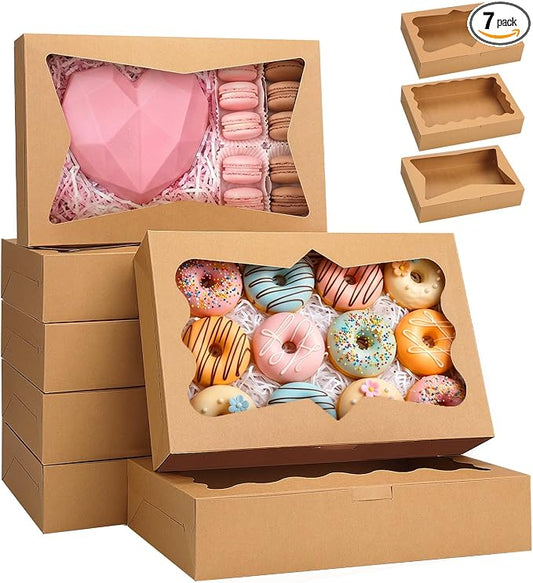 TOMNK 7pcs Cookie Boxes, 12x8x2.5 Inches Bakery Boxes with 3 Style Window for Chocolate Covered Strawberries, Donuts, Pastries (Brown)