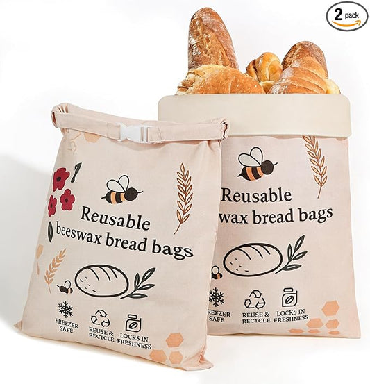 2 Pack Beeswax Bread Bags for Sourdough Homemade Bread, XL Reusable Bread Storage Bag, Organic Waxed Line and Linen Fabric Bread Bag for Home Bakers, Picnics Work or Gift-Giving