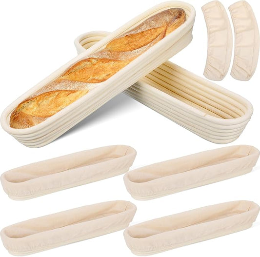 Vesici 15 Inches Baguette Banneton Proofing Basket 6 Pack with Linen Liner Baguette Banneton Bread Baking Baskets Rattan Dough Proofing Baskets for Baguette, Home Bake, Bakers Supplies, Baking Gifts