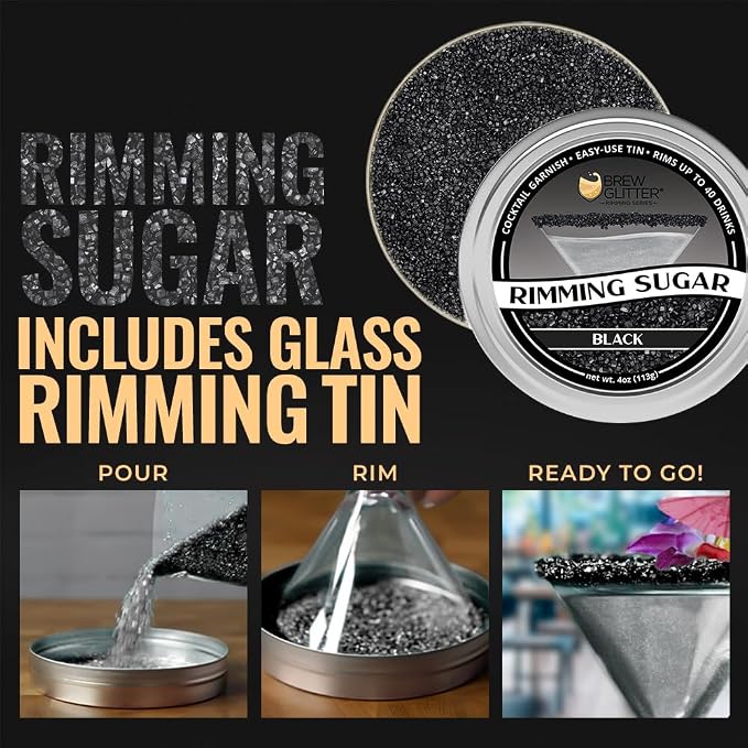 Brew Glitter - Black Rimming Sugar (4oz, 1x Bar Tin) Cocktail Garnish for Mixed Drinks & Refreshments