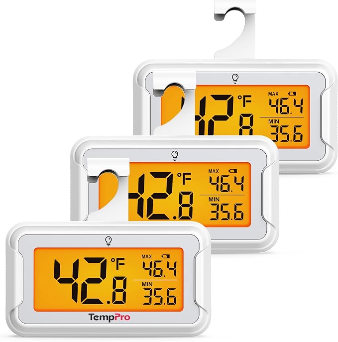 TempPro Refrigerator Thermometer 3 Pack with Large Backlit LCD Display, Waterproof Freezer Fridge Thermometer with Max/Min Record, Easy Battery Replacement for Room, Cooler (Previously ThermoPro)