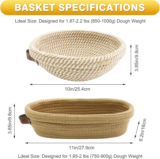 Nikkar Banneton Bread Proofing Basket Set of 2, 10 Inch Round 11Inch Oval | Cotton Rope Sourdough Bread Baking Supplies Proofing Bowls with Liners & Covers Gifts for Bakers Women Wife Mom