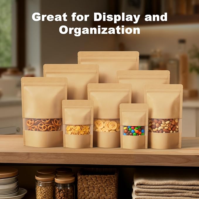 FireKylin 100 Pcs Resealable Bags, Paper Stand Up Pouches Bags with Matte Window for Small Businness, Zipper & Heat Sealable Treat Bags for Packaging(Inner Size 7.2" x 8.5"; Outer Size 7.9" x 11.8")