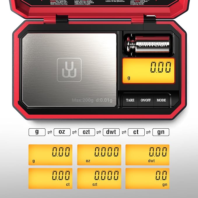 UNIWEIGH Travel Digital Pocket Scale 200g/0.01g, Digital Gram Scales, Mini Food Scale with 50g Calibration Weight for Food, Powder,Small Items, Tea, Jewelry, Coins (Battery Included)-Red