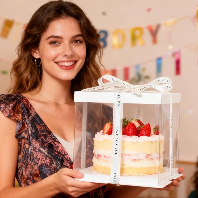 8Pcs Tall Cake Boxes Clear Box with Ribbon, 8x8x9 inch, for 6" cajas para pasteles Tiered Cakes,Transport Gift Boxes for Wedding and Gift Display. (Cream, 8 * 8 * 9 inch/8pcs)