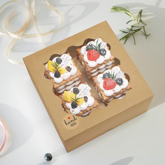 Eupako Auto-popup 10x10x5 Cake Boxes with Window, 24pcs Quick Fold Brown Bakery Boxes, Easy Assemble Gift Box for Pies, Cookies, Pastries, Chocolates, Party, Wedding