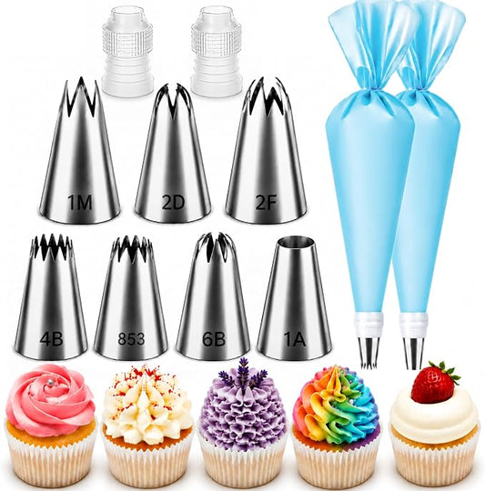 Hendiy Large Piping Tips Set, 11 Pieces Seamless Stainless Steel Cake Decorating Tips Kit, Reusable Piping Bags and Tips Frosting Icing Set for Cupcakes Cookies (2D 2F 1M 4B 1A 6B 853)