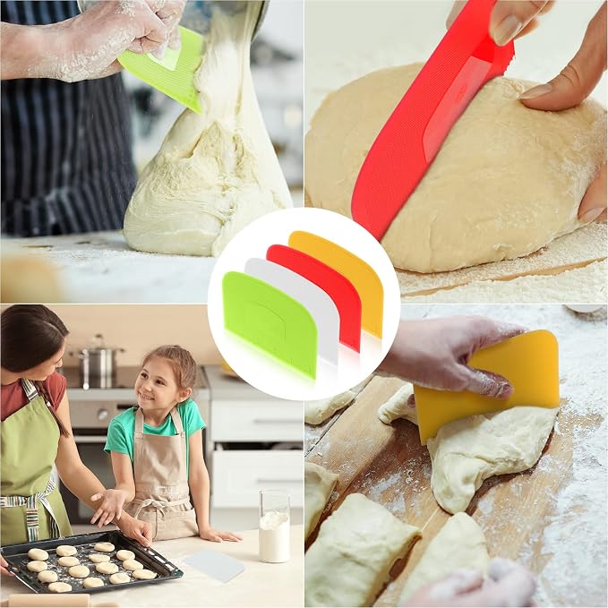 Aedida 4 Piece Plastic Dough Scraper Bowl Scraper Flexible Multipurpose Food Spatula Plastic Daigh Cutter for Bread Cake Dough Fondant Icing (White, Green, Yellow, Red)