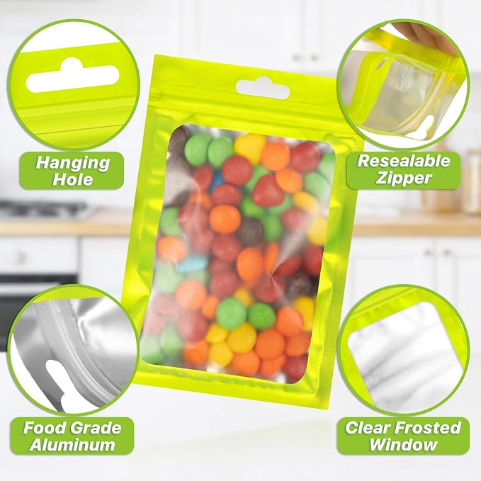 100 PCS Resealable Mylar Bags with Zipper and Frosted Clear Window Smell Proof Bag Packaging Bags Foil Pouch Zipper Bag for Food Self Sealing Storage Supplies (Green, 6.29x9.44)