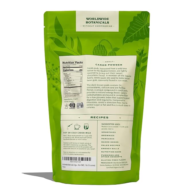 Worldwide Botanicals Organic Carob Powder, Medium Roast – 1 lb – Caffeine Free Cocoa Alternative – Low Fat Super Food with Natural Sweetness– Gluten Free, Kosher, 16 ounces, Pack of 2