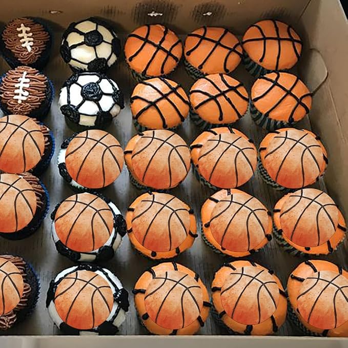 48PCS Edible Basketball Cupcake Toppers Edible Basketball Cake Decorations Sport Ball Theme Cupcake Picks for Sports Ball Theme Baby Shower Birthday Party Cake Decorations Supplies