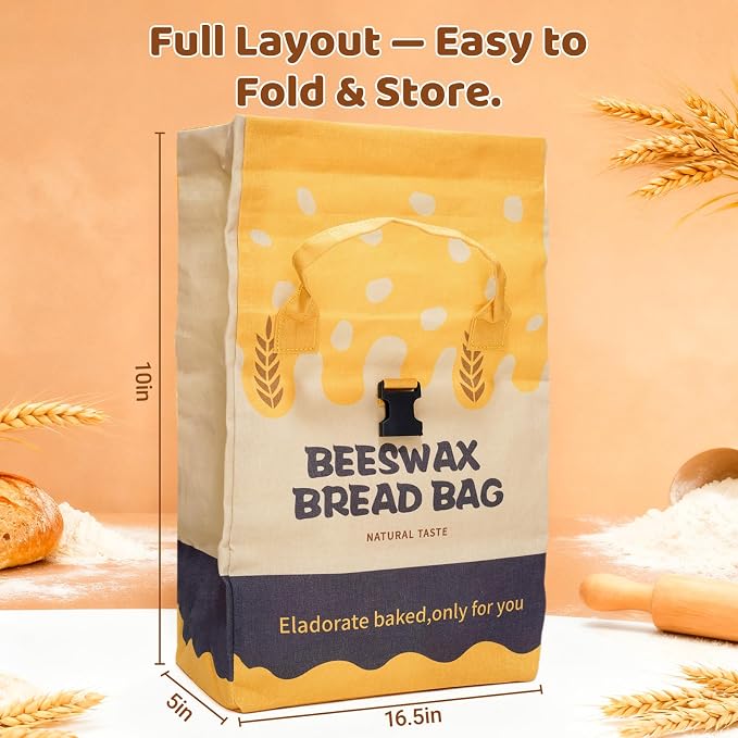 UWILLION Beeswax Bread Bags 2 Pack for Sourdough Loaves, Extra Large Reusable Linen Bread Storage Bag with Buckle Closure, Plastic-Free Food-Safe Bread Keeper for Homemade Artisan Bread