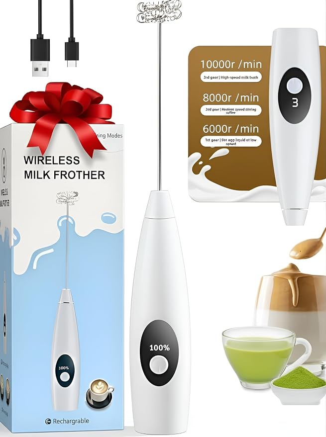 Rechargeable Milk Frother Handheld, 3-Speed Electric Frother Wand, Digital Display Drink Mixer Wand, Coffee Frother Handheld for Cappuccino Latte, Portable Hand Mixer for Coffee