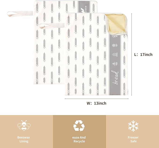 WiNDANCE 2 Pack Beeswax Bread Bags with Zipper, XL(13x17in) Sourdough Bread Storage for Homemade, Freezer Storage Bag to Keep Fresh, Cotton Beeswax Container, Baguette Bag with Liner Kitchen Baking