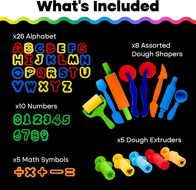 Hygloss 54 Pcs Dough Tools Set – Dough Cutters +Dough Extruders+Numbers & Alphabet Cutters Set – Educational Modeling Clay Tools – Preschool Toys & Toddler Activities – Arts & Crafts for Kids Ages 3-5