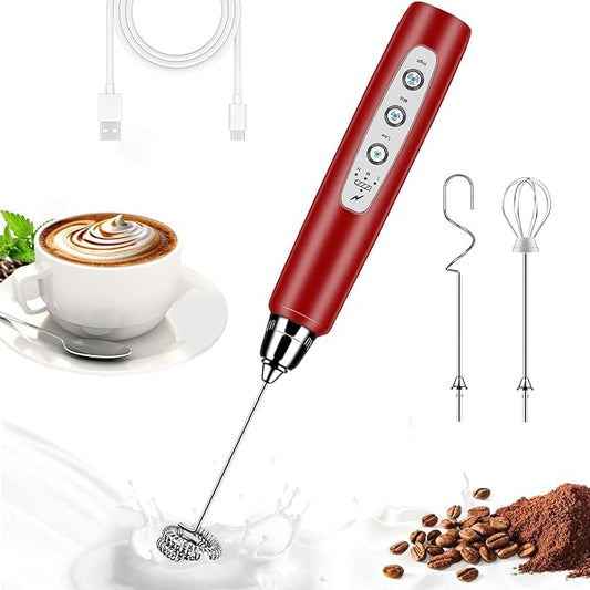 BSRGMS Milk Frother Handheld for Coffee, Electric Whisk 3 Speed Adjustable, Drink Mixer with Stainless 3 Whisks, Rechargeable Hand Frother Wand, Foam Maker for Latte Cappuccino Hot Chocolate Egg Red