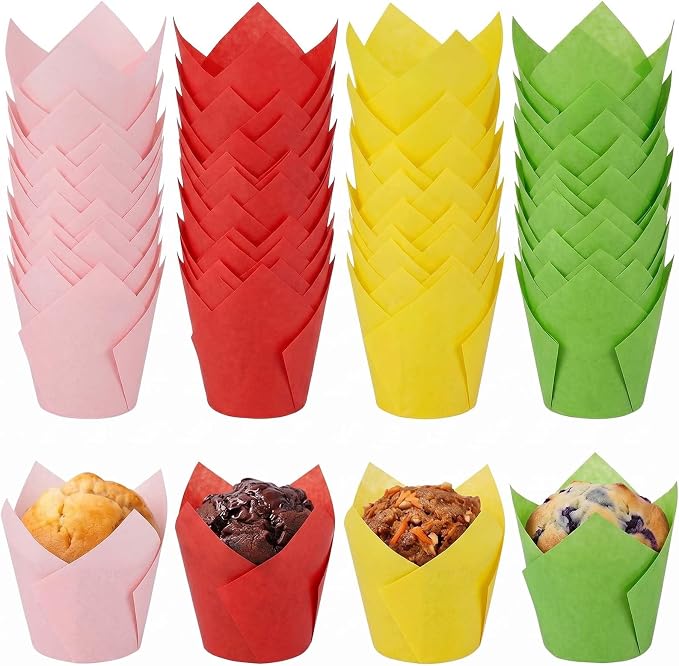 200 Pcs Tulip Cupcake Liners for Baking, Yellow Pink Red Green | Standard Greaseproof Tulip Muffin Liners for Baking, 3oz Paper Cupcake Wrappers for Party Wedding Birthday