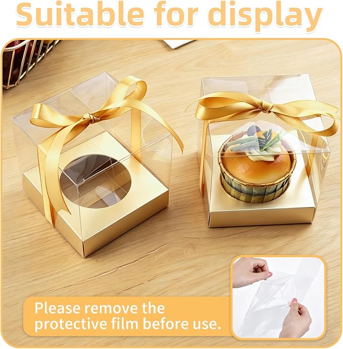50 Pcs God Clear Plastic Cupcake Boxes, Individual 3.5 Inch Single Holder Containers with Insert and Ribbon, Paper Base for Wedding, Birthday, Party Favor Gift