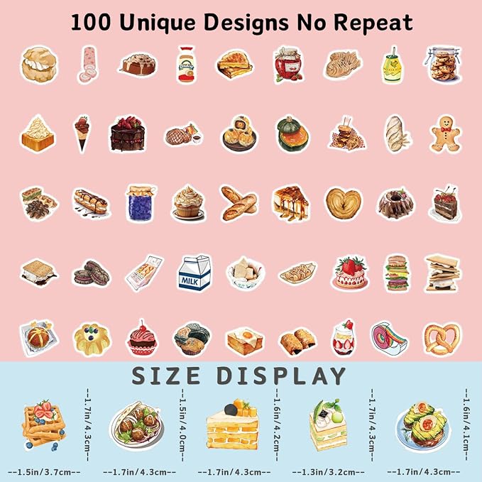 100PCS Baking Theme Sticker Pack by Beyond Normal Dessert Bakery Lover Waterproof Vinyl Decals for Planner Journal Scrapbook Water Bottle Cute Craft Accessories for Women Girls Adults