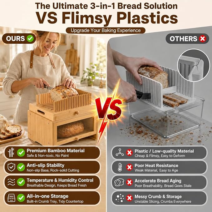 3in1 Bread Slicer for Homemade Bread - Adjustable Width Bamboo Bread Cutter with Storage Box, Bread Box with Cutting Board Crumb Tray, Bread Storage Container for Kitchen Countertop, Sourdough Baking