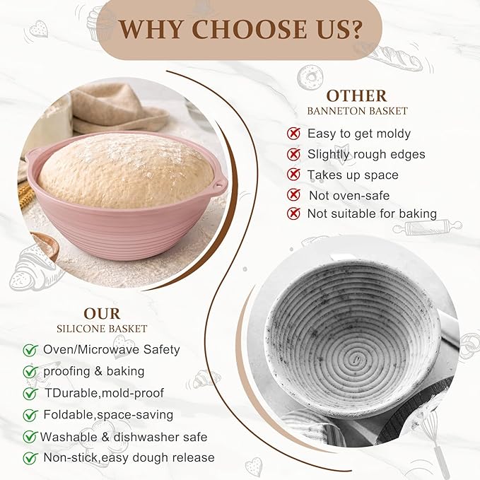 4Pcs Silicone Bread Proofing Basket, 9" Collapsible Sourdough Banneton with Dual Handles, Non-Stick Round Dough Proofing & Baking Bowl, Easy Clean, Oven Safe, BPA Free