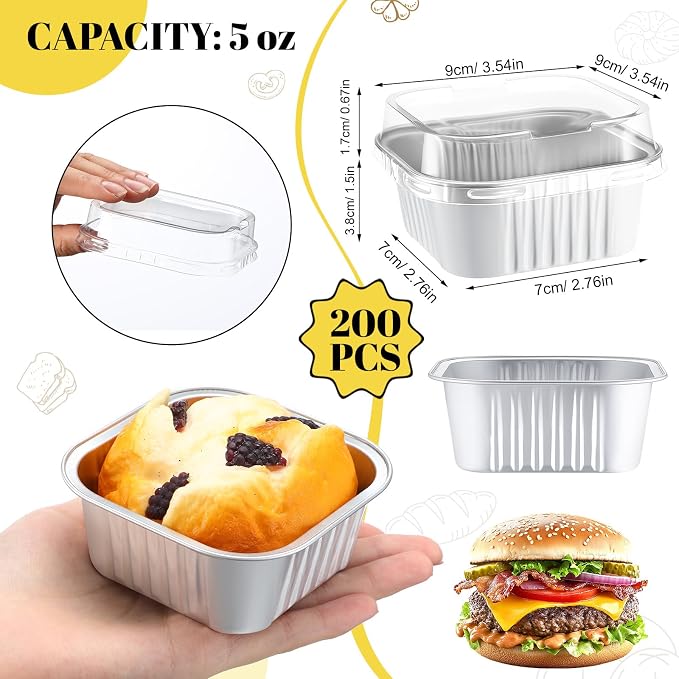 200 Pack 5 oz Mini Cake Pans with Lid, Aluminum Foil Mini Baking Tins, Square Disposable Cupcake Baking Cup Dessert Container for Wedding Birthday Party Picnic(Silver,Classic)
