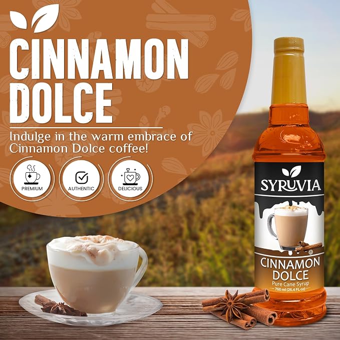 Syruvia Coffee Syrup, Cinnamon Dolce Flavored Syrup for Drinks, Lattes, and Desserts – 25.4 fl oz - with Pump